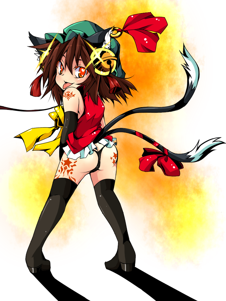 ass bad_id bell brown_hair cat_ears cat_tail chen earrings hat jewelry kotomuke_fuurin looking_back multiple_tails orange_eyes panties shijimi-sama short_hair standing tail tattoo thighhighs thong tongue touhou underwear