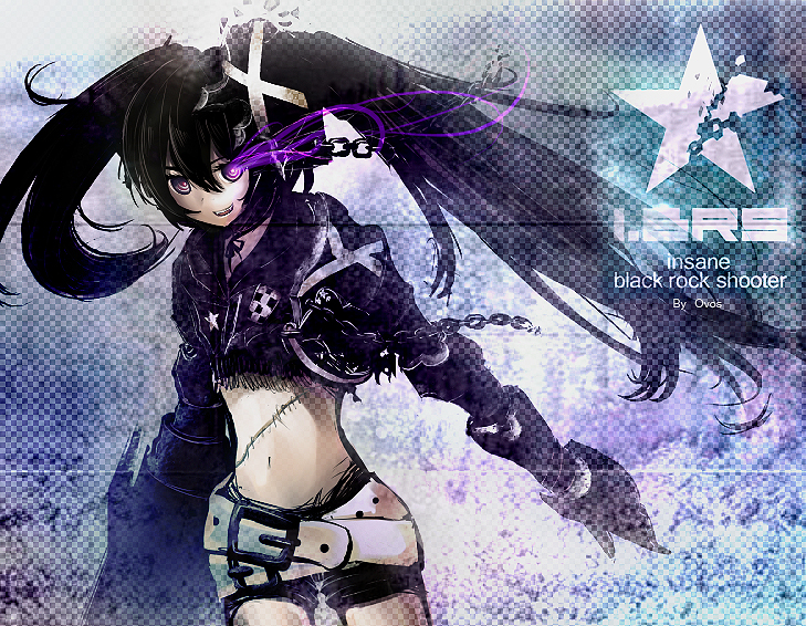 bad_id belt beltskirt black_hair black_rock_shooter fangs glowing glowing_eyes insane_black_rock_shooter midriff navel ovos purple_eyes smile solo stitches twintails uneven_twintails violet_eyes