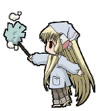 animal_ears animated animated_gif apron blonde_hair brown_eyes chibi chii chobits cleaning gif jacket long_hair lowres pants simple_background standing transparent_background twintails very_long_hair