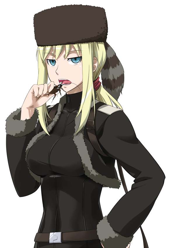 blonde_hair cockroach coon_hat darker_than_black green_eyes hand_on_hip hat insect jacket open_mouth skin_tight solo tanya_(darker_than_black) youkan