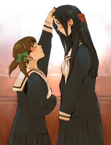 black_hair blush brown_hair fukuzawa_yumi height_difference hosokawa_kanako lowres maria-sama_ga_miteru multiple_girls petting school_uniform short_twintails tall touching twintails