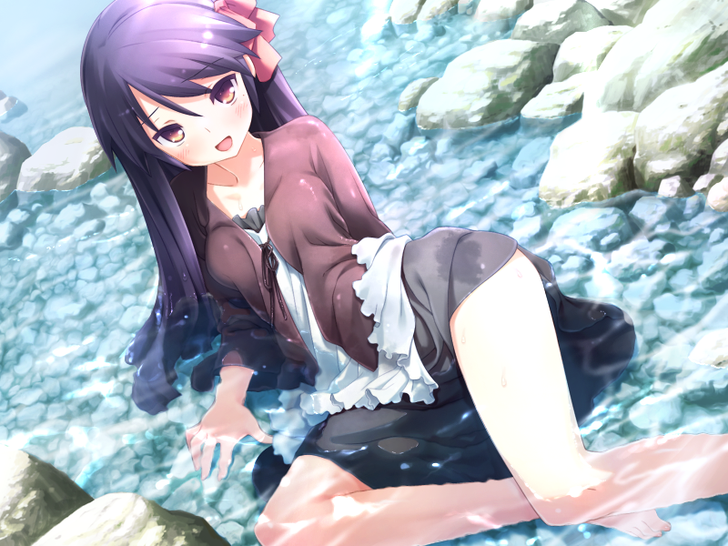 1girl :d barefoot black_hair cafe_sourire dutch_angle game_cg gayarou long_hair long_sleeves looking_at_viewer lying mole mole_under_eye official_art open_mouth partially_submerged skirt smile solo water yukishita_miyuri