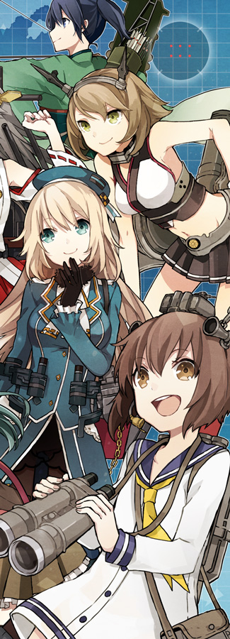 arrow atago_(kantai_collection) bare_shoulders binoculars blonde_hair blue_eyes bow_(weapon) brown_hair buzz character_request gloves hair_ornament haruna_(kantai_collection) hat kantai_collection mutsu_(kantai_collection) weapon yukikaze_(kantai_collection)