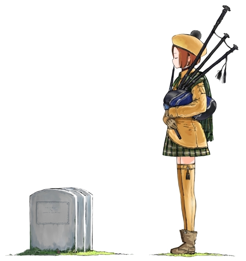 1girl bagpipes brown_hair closed_eyes coh grave graveyard hat kilt mars_expedition military military_uniform playing_instrument profile short_hair simple_background soldier thigh-highs uniform white_background zettai_ryouiki