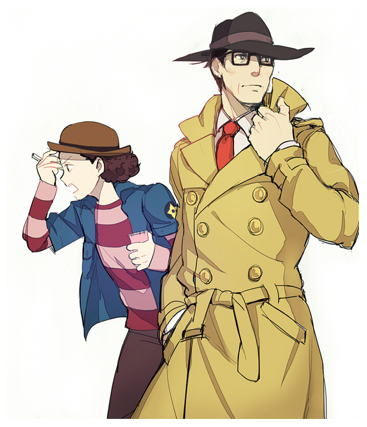 2boys black_eyes black_hair border bowler_hat curly_hair fedora glasses grey_background gyakuten_kenji gyakuten_kenji_2 gyakuten_saiban hand_in_pocket hand_on_another's_face hand_on_forehead hand_on_own_face hat jacket leaning leaning_forward long_sleeves male mitsurugi_shin multiple_boys necktie notepad open_mouth overcoat pencil profile reka shigaraki_tateyuki shirt simple_background spoilers striped striped_shirt teenage teeth younger