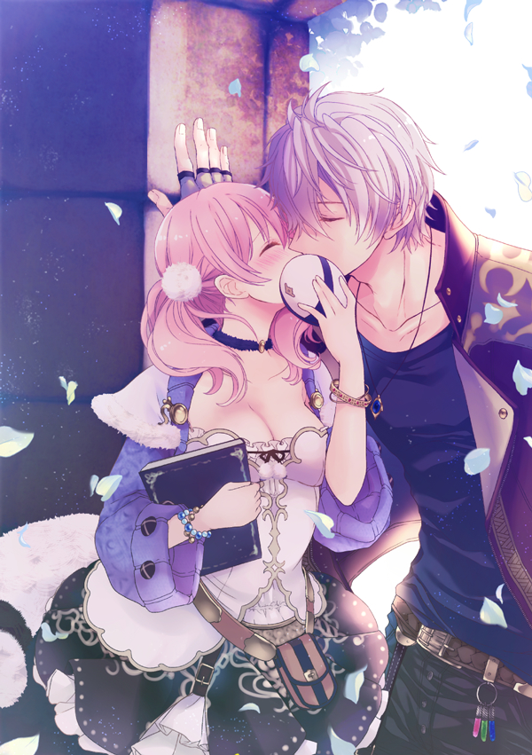 1boy 1girl amiko_(frostedchocolate) atelier_(series) atelier_escha_&amp;_logy belt black_neckwear black_shirt black_skirt blush book bracelet breasts choker cleavage closed_eyes couple covering escha_malier fake_tail hat hat_removed headwear_removed hetero holding holding_book implied_kiss jacket jewelry logix_ficsario medium_breasts pink_hair print_skirt purple_sweater shirt short_hair skirt sweater tail upper_body white_hair