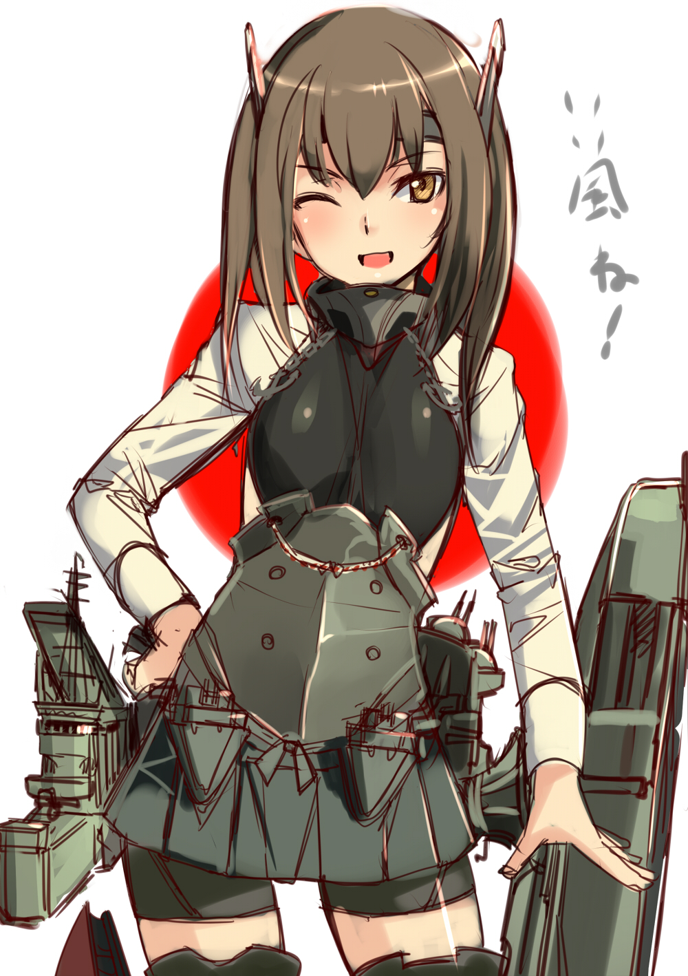 1girl akasaai bike_shorts blush brown_eyes brown_hair hand_on_hip headband highres kantai_collection looking_at_viewer open_mouth personification short_hair sketch skirt smile solo taihou_(kantai_collection) thighhighs wink