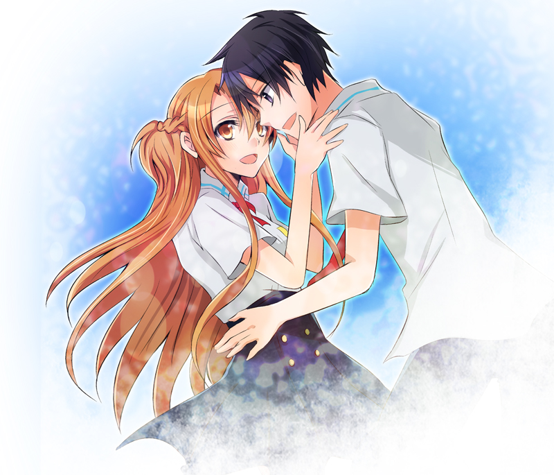 1boy 1girl asuna_(sao) black_eyes black_hair brown_eyes brown_hair couple eye_contact kirito long_hair looking_at_another school_uniform short_hair sword_art_online toujirou yuuki_asuna