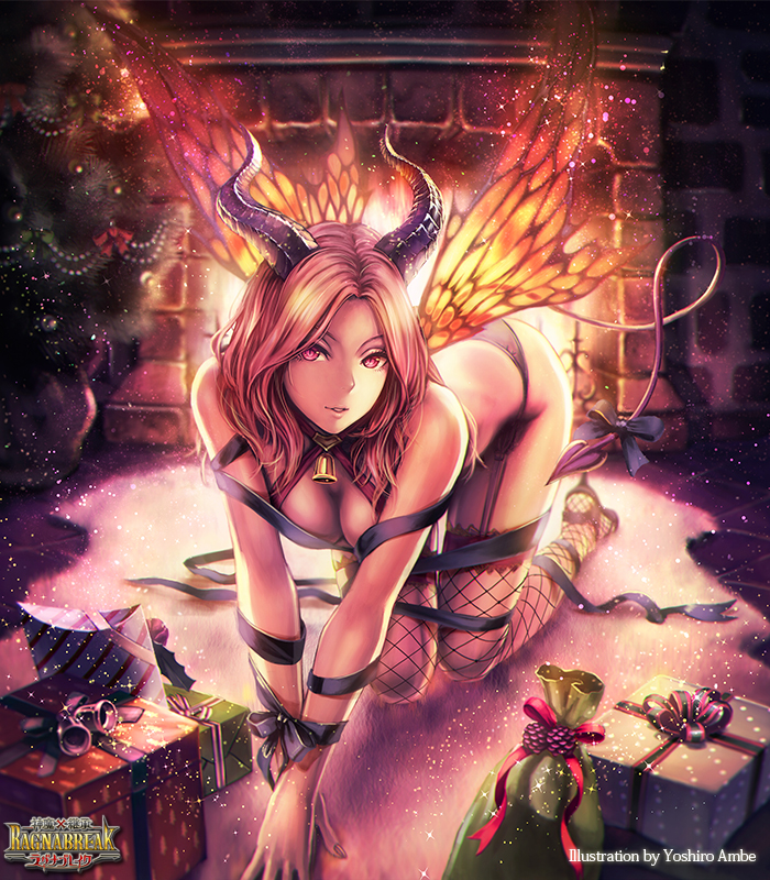 1girl all_fours anbe_yoshirou bell breasts brown_hair butterfly_wings christmas_tree cleavage demon_girl fire fireplace fishnet_legwear fishnets garter_straps gift hands_tied horns long_hair official_art panties ragna_break red_eyes ribbon solo tail tail_ribbon thighhighs underwear wings
