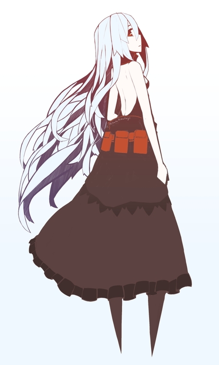 1girl albino aneacard_cinnabari_(oi+) back bare_shoulders belt dress long_hair looking_at_viewer mikoto_(oi_plus) original red_eyes simple_background skirt utility_belt very_long_hair white_background white_hair