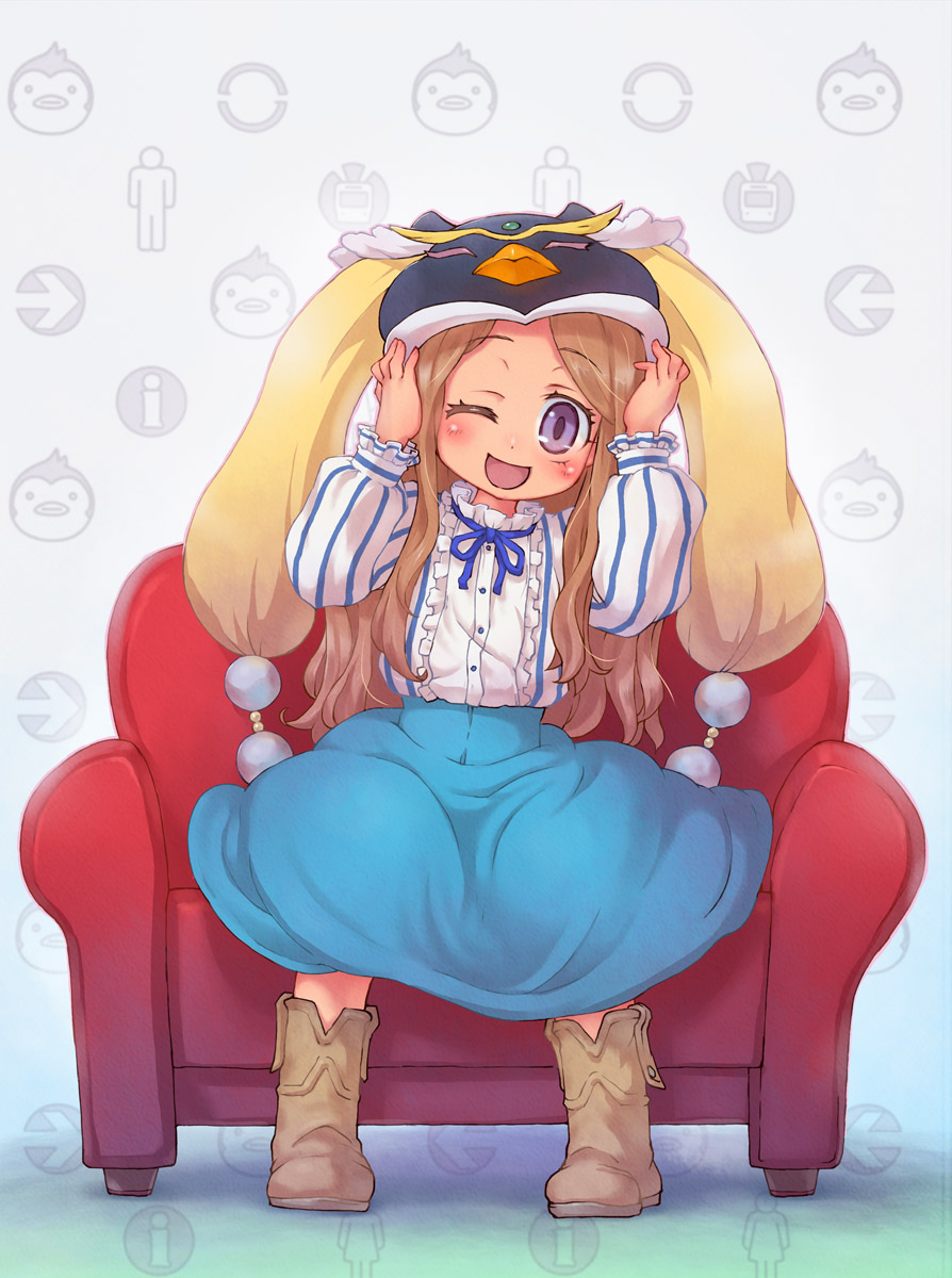 1girl animal_hat bird blush boots brown_hair hat highres long_hair looking_at_viewer mawaru_penguindrum penguin sankuma sitting skirt smile solo takakura_himari violet_eyes wink