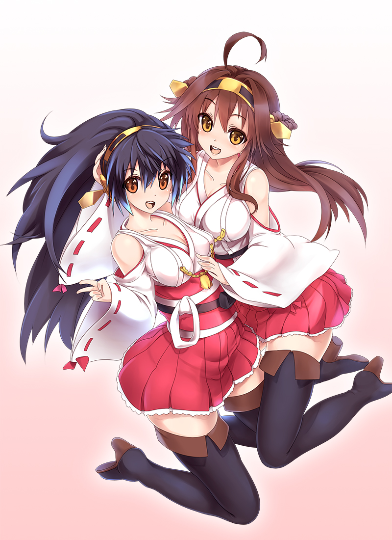 2girls :d ahoge bare_shoulders black_hair black_legwear boots breasts brown_eyes brown_hair cleavage gradient gradient_background haruna_(kantai_collection) headgear high_heels kantai_collection kneeling kongou_(kantai_collection) long_hair looking_at_viewer multiple_girls open_mouth smile sora_to_umi thigh_boots thighhighs v wide_sleeves zettai_ryouiki