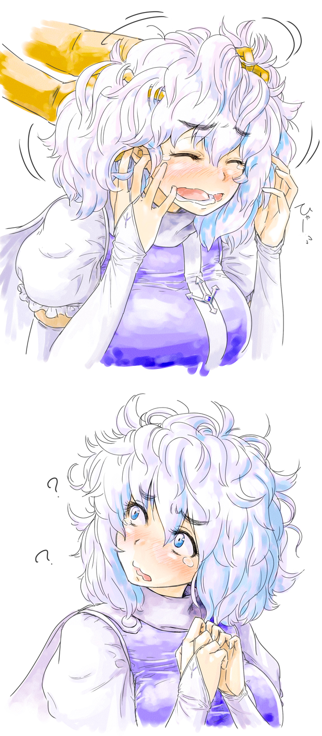 1girl ? blue_eyes blush bridal_gauntlets confused dudufedu hands_in_hair highres letty_whiterock messy_hair no_hat open_mouth solo tears touhou white_hair