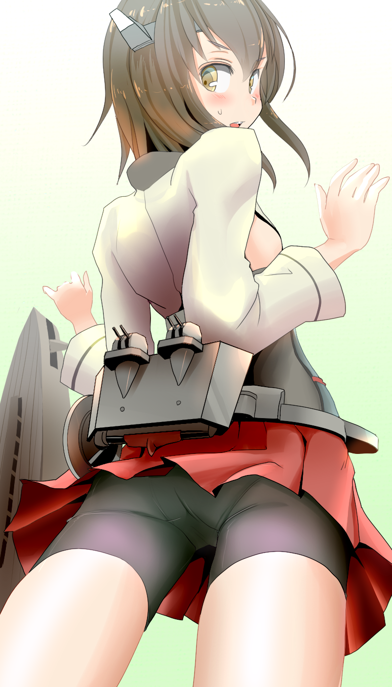 1girl ass bike_shorts blush breasts brown_eyes brown_hair from_behind headband highres ishikkoro kantai_collection looking_at_viewer open_mouth personification short_hair sideboob skirt solo sweatdrop taihou_(kantai_collection)