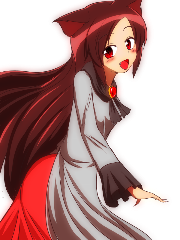 1girl blush brooch brown_hair fang honda_takaharu imaizumi_kagerou jewelry long_hair open_mouth red_eyes solo touhou very_long_hair white_background