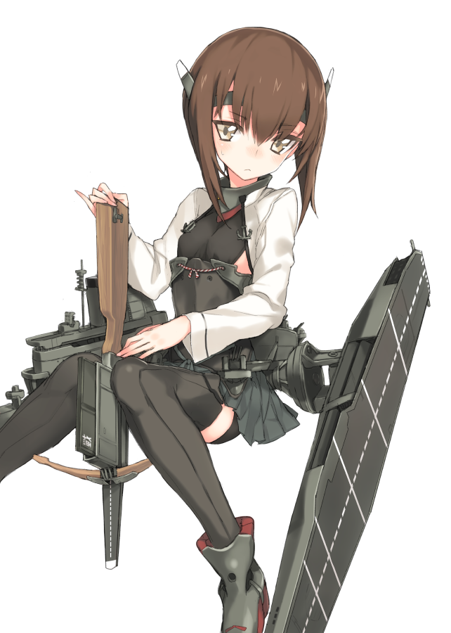1girl anchor bike_shorts blush bow_(weapon) brown_eyes brown_hair crossbow flat_chest headband headgear kantai_collection koto_(kotocotton) personification pleated_skirt short_hair sitting skirt solo sweatdrop taihou_(kantai_collection) thighhighs weapon