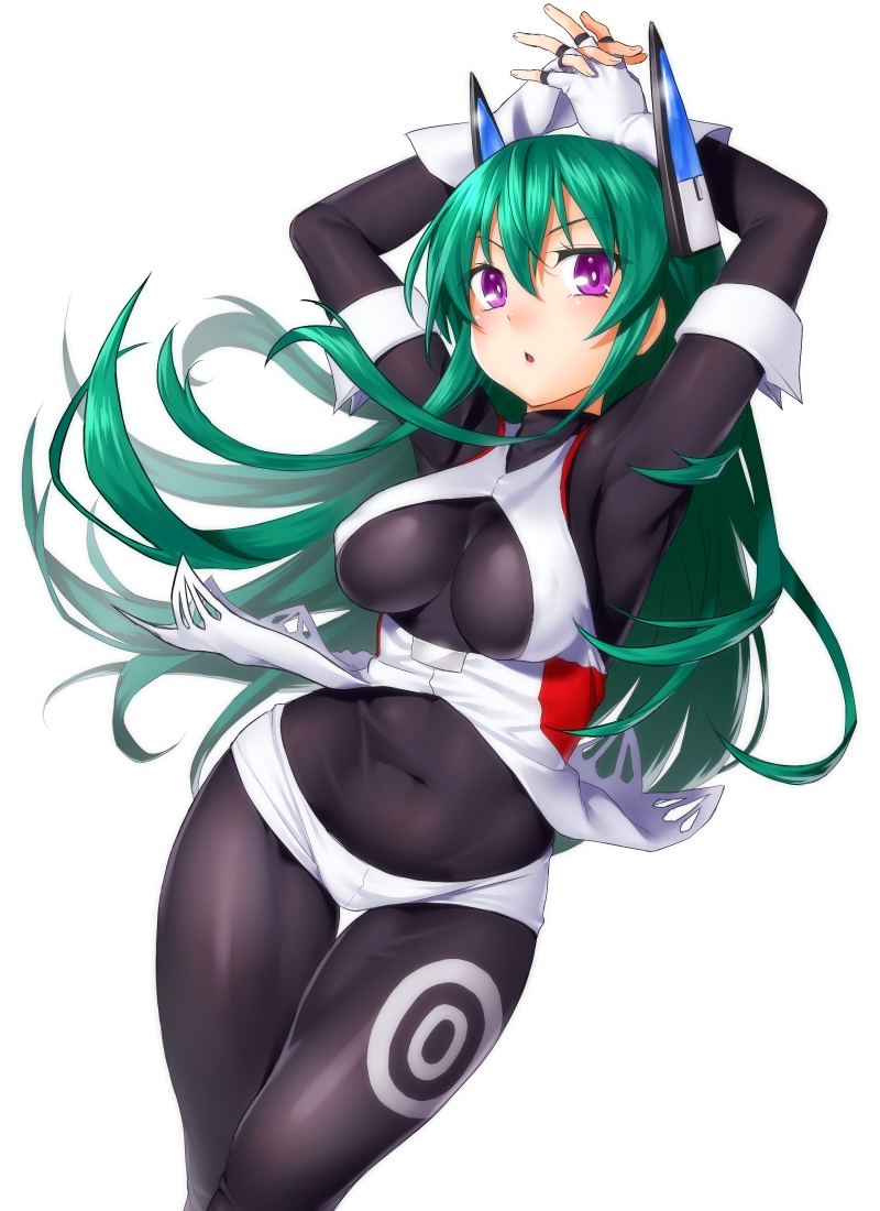 1girl armpits arms_up blush bodysuit breasts clothed_navel fingerless_gloves gloves green_hair headgear large_breasts long_hair looking_at_viewer menou_kaname onsoku_maru original robot_ears simple_background solo violet_eyes