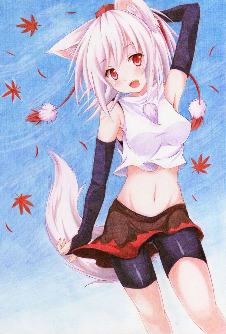1girl animal_ears arm_up blush bridal_gauntlets colored_pencil_(medium) detached_sleeves hat inubashiri_momiji kittona looking_at_viewer millipen_(medium) open_mouth red_eyes short_hair silver_hair skirt smile solo tail tokin_hat touhou traditional_media watercolor_pencil_(medium) wolf_ears wolf_tail