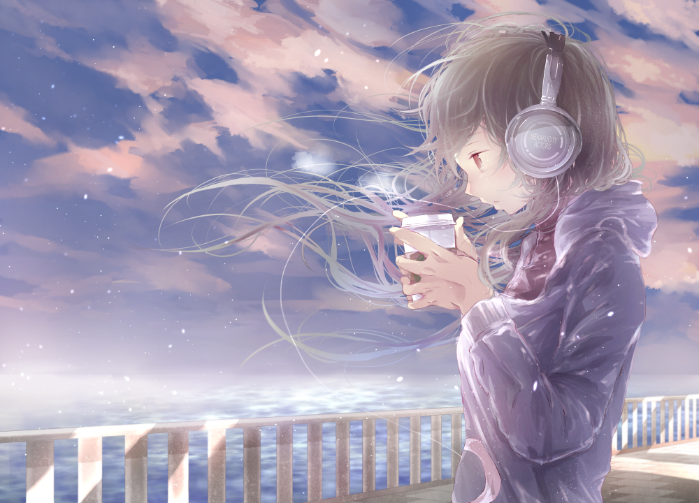 1girl headphones hoodie kagerou_project kido_tsubomi long_hair paper_cup shikinui sky solo water