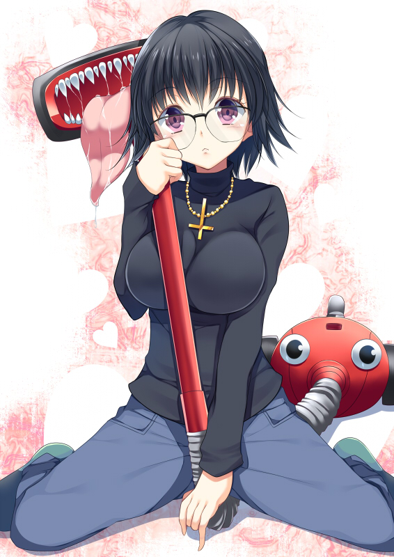 :&lt; black_hair breasts cross glasses hunter_x_hunter inverted_cross jeans jewelry large_breasts necklace pink_eyes shizuku_(hunter_x_hunter) short_hair sitting spread_legs teeth tongue turtleneck vacuum_cleaner yatsu_(sasuraino)