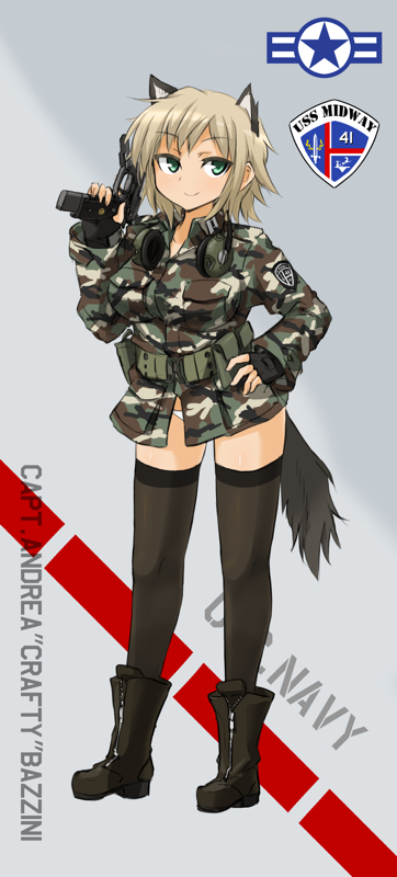 1girl animal_ears camouflage commentary commentary_request gun headset military military_uniform ogitsune_(ankakecya-han) panties solo strike_witches strike_witches_1991 tail thighhighs underwear uniform weapon