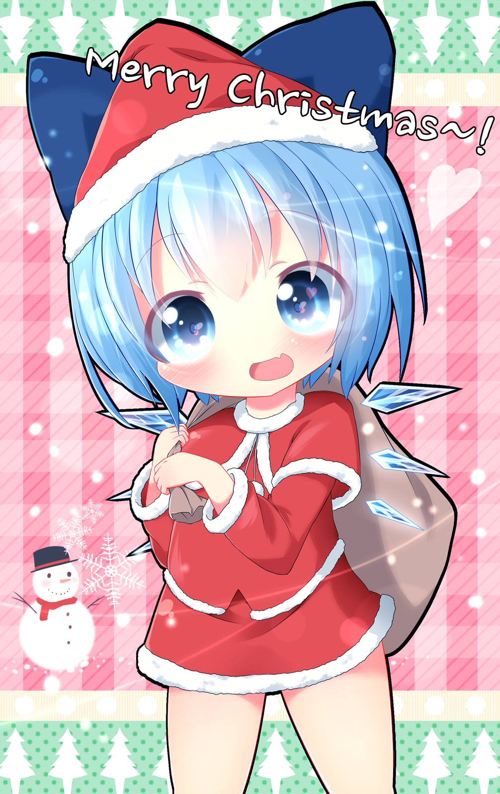 1girl akisha bag blue_eyes blue_hair bow capelet cirno fang hair_bow hat highres ice ice_wings looking_at_viewer merry_christmas open_mouth santa_costume santa_hat shirt skirt smile snowman solo touhou wings
