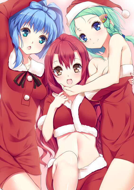 3girls bangs bare_shoulders blue_eyes blue_hair braid breasts brown_eyes christmas cleavage dress green_eyes hair_ornament hand_on_another's_chin hat large_breasts long_hair midriff multiple_girls navel original redhead santa_costume santa_hat smile yatsu_(sasuraino)