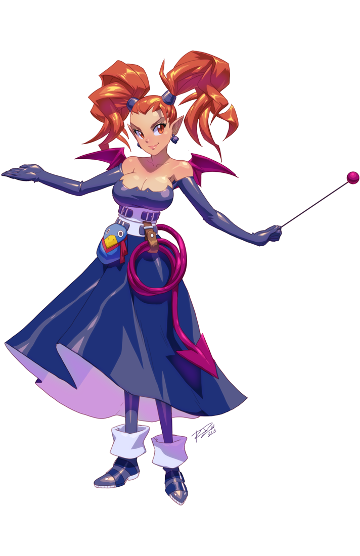 1girl ankle_boots bat_wings belt boots breasts cleavage demon_tail dragon_quest dragon_quest_viii dress earrings elbow_gloves etna fusion gloves holster jessica_albert jewelry large_breasts latex_gloves long_skirt mini_wings orange_eyes orange_hair pantyhose pointy_ears prinny robert_porter skirt slit_pupils smile solo strapless_dress tail twintails wand wings