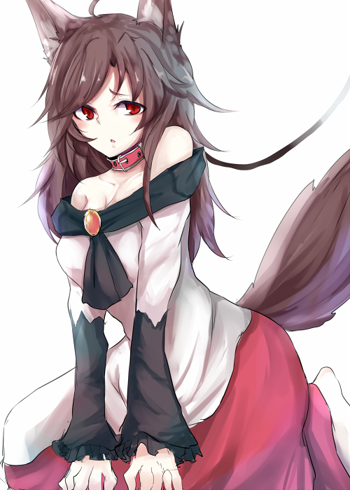 1girl animal_ears bare_shoulders blush breasts brooch brown_hair cleavage collar dress imaizumi_kagerou jewelry kitunemimi leash long_hair long_sleeves red_eyes rough simple_background solo tail touhou white_background wolf_ears wolf_tail