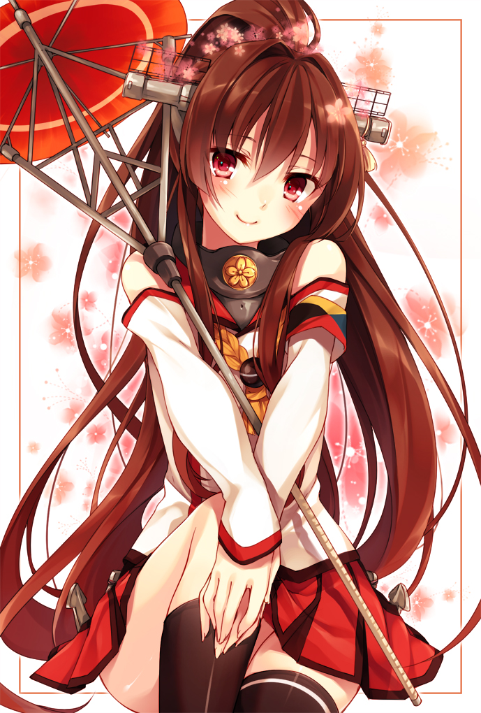 1girl blush breasts brown_hair cherry_blossoms detached_sleeves flower hair_flower hair_ornament kantai_collection long_hair looking_at_viewer oriental_umbrella personification ponytail red_eyes single_thighhigh skirt smile solo thigh-highs toosaka_asagi umbrella very_long_hair yamato_(kantai_collection)