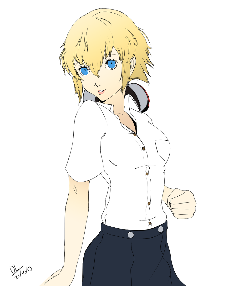 1girl aegis blonde_hair blue_eyes dh_(brink_of_memories) highres humanization lips persona persona_3 shirt short_hair short_sleeves skirt smile solo