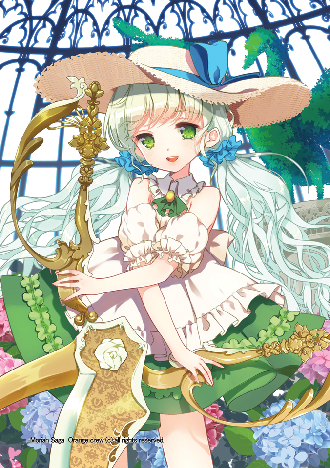 1girl detached_sleeves flower green_eyes hat long_hair mintchoco moriah_saga official_art oversized_object scissors skirt smile solo straw_hat twintails white_hair
