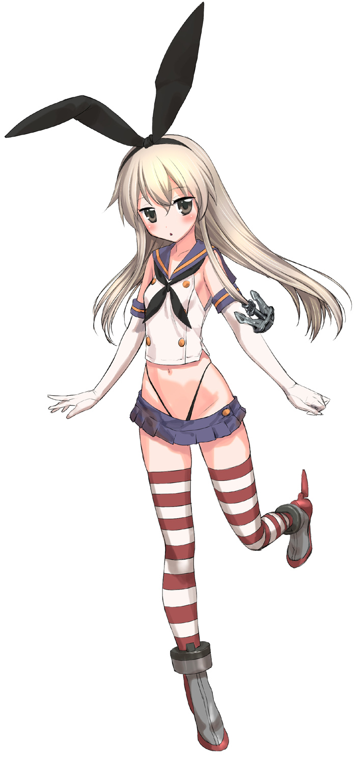 1girl anchor blonde_hair brown_eyes elbow_gloves gloves hairband hechi highres kantai_collection long_hair navel personification shimakaze_(kantai_collection) simple_background skirt solo striped striped_legwear thighhighs white_background white_gloves