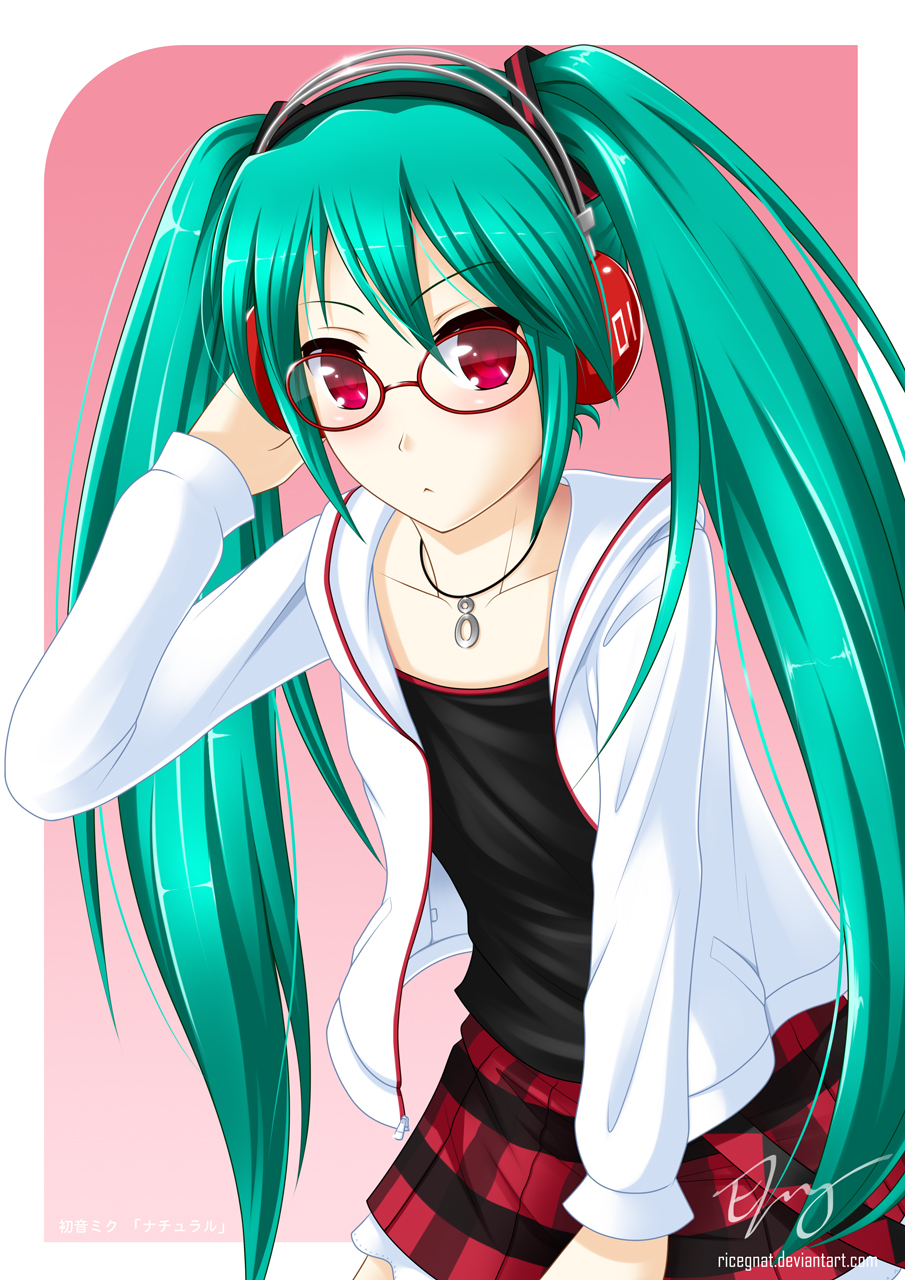 1girl aqua_hair arm_up bespectacled casual glasses hand_on_headphones hatsune_miku highres hoodie jewelry kerasu kocchi_muite_baby_(vocaloid) long_hair necklace project_diva red_eyes skirt solo twintails very_long_hair vocaloid