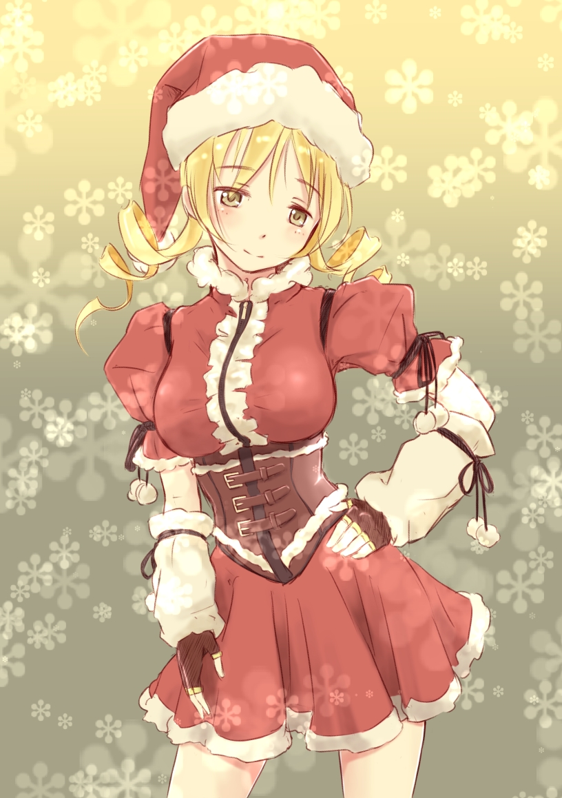 1girl blonde_hair breasts christmas corset detached_sleeves drill_hair fingerless_gloves gloves hat long_hair mahou_shoujo_madoka_magica pleated_skirt santa_costume santa_hat skirt smile snow solo tomoe_mami twin_drills twintails wa_(genryusui) yellow_eyes