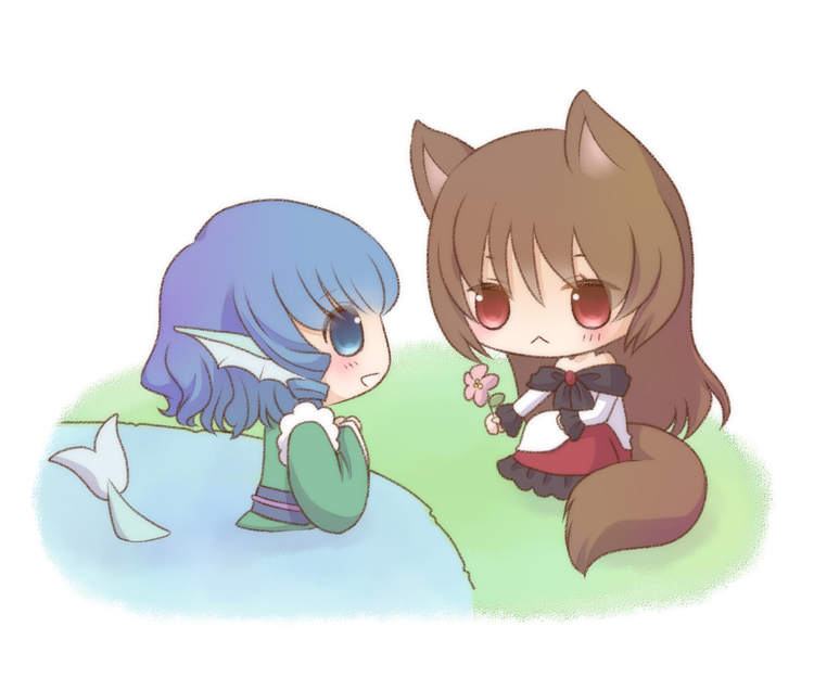2girls :&lt; animal_ears bare_shoulders blue_eyes blue_hair blush brooch brown_hair chibi eye_contact flower giving grass hands_on_own_chest hayabusa_koi head_fins imaizumi_kagerou japanese_clothes jewelry kimono knees_up lake layered_dress long_hair looking_at_another mermaid monster_girl multiple_girls obi partially_submerged profile red_eyes shawl short_hair simple_background sitting tail touhou wakasagihime white_background wolf_ears wolf_tail