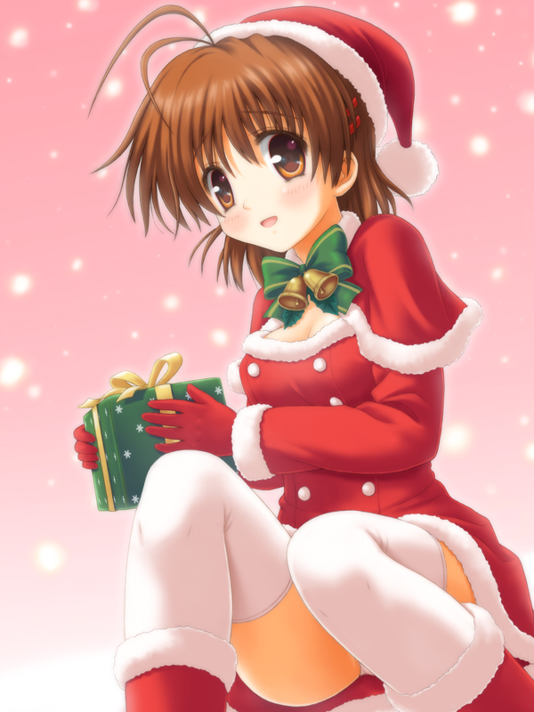 1girl ahoge aoi_akua brown_eyes brown_hair christmas clannad furukawa_nagisa gift gloves hat panties pantyshot santa_costume santa_hat short_hair thighhighs underwear white_legwear