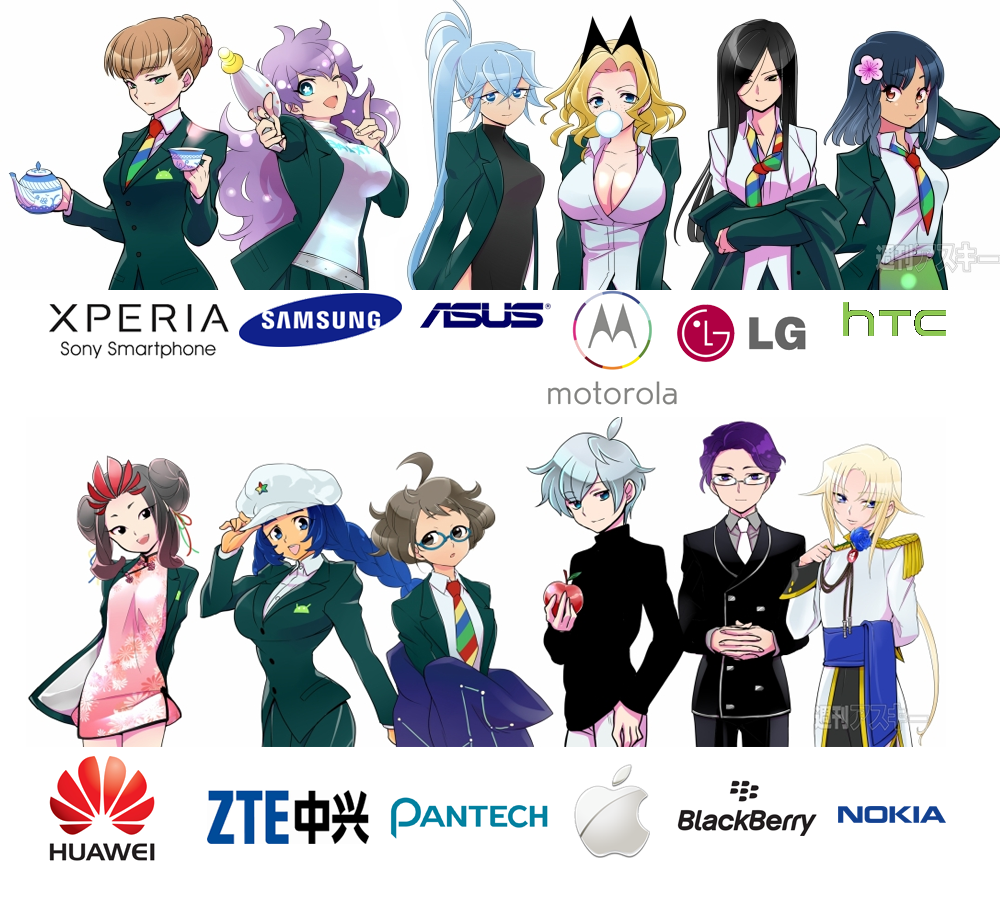 +_+ 6+girls adjusting_clothes adjusting_hat ahoge android_(os) apple apple_inc. artist_request asus bangs black_eyes black_hair blackberry_ltd blazer blonde_hair blue_eyes blue_hair blue_rose breasts brown_hair bubblegum buttons cameo chinese_clothes cleavage company_name copyright_request cup curly_hair double_bun ears energy_gun flat_chest flower food formal fruit green_eyes hair_bun hair_flower hair_ornament hand_on_hip hands_clasped hat holding htc_corporation huawei large_breasts laser_rifle lg_corp long_hair loose_tie messy_hair military military_uniform motorola_solutions multiple_girls necktie open_mouth orange_eyes pantech parted_bangs payot personification ponytail purple_hair rose samsung_electronics school_uniform silver_hair smile sony source_request star star-shaped_pupils suit symbol-shaped_pupils tareme tea teacup teapot tsurime uniform watermark weapon wink zte