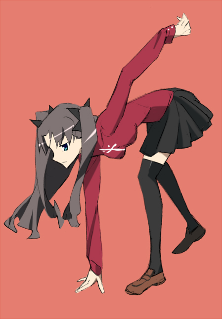 1girl arm_behind_back bent_over black_bow black_hair black_legwear black_skirt blue_eyes bow cross fate/stay_night fate_(series) from_side hair_bow hand_on_floor kurai_hisashi loafers long_hair miniskirt pink_background pleated_skirt red_shirt shoes simple_background skirt solo sweater thighhighs tohsaka_rin toosaka_rin twintails zettai_ryouiki