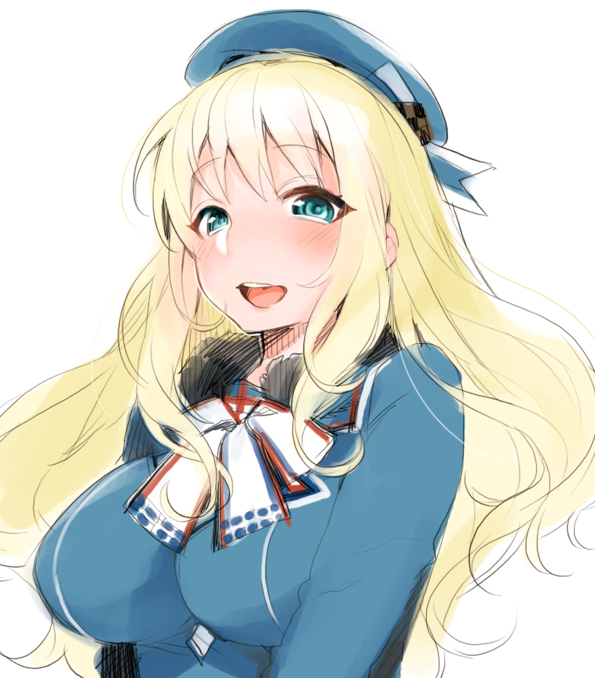 1girl atago_(kantai_collection) blonde_hair blue_eyes blush breasts hat kantai_collection large_breasts long_hair looking_at_viewer military military_uniform nito_(siccarol) open_mouth personification smile solo uniform