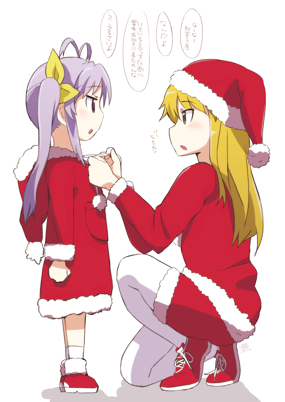 2girls ahoge antenna_hair blonde_hair christmas hat highres long_hair miyauchi_renge multiple_girls non_non_biyori purple_hair santa_costume santa_hat suzumeko twintails