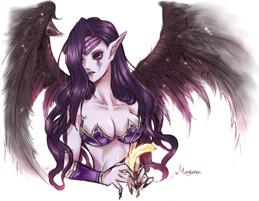 1girl bare_shoulders black_wings breasts circlet cleavage feathers kakip league_of_legends morgana pointy_ears purple_hair purple_skin signature simple_background solo violet_eyes wings