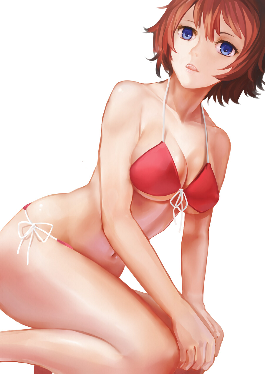 1girl :p bikini breasts brown_hair codec007 highres navel original short_hair simple_background solo swimsuit tongue white_background