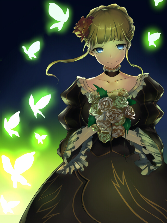 1girl beatrice blonde_hair blue_eyes blush breasts butterfly cleavage dress flower glowing hair_ornament mu-nyako rose smile solo umineko_no_naku_koro_ni