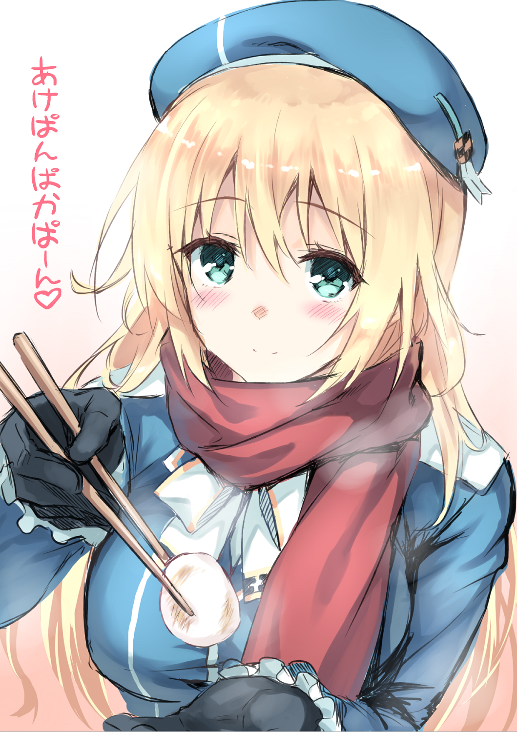1girl atago_(kantai_collection) black_gloves blonde_hair blush breasts chopsticks eating food gloves green_eyes happy_new_year hat highres hiten_goane_ryu kantai_collection large_breasts long_hair looking_at_viewer military military_uniform mochi offering pan-pa-ka-paaan! personification scarf smile solo steam translated uniform wagashi