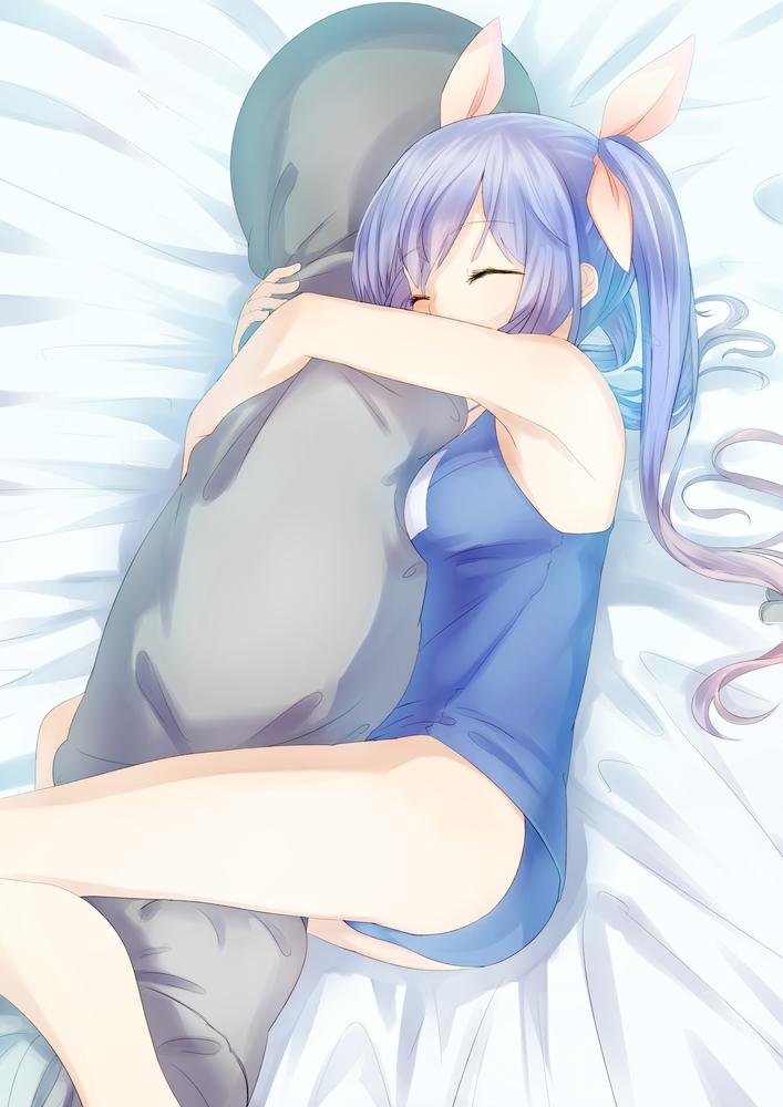 1girl blue_hair breasts closed_eyes hair_ornament hair_ribbon hug i-19_(kantai_collection) kantai_collection long_hair lying on_side personification pillow ribbon school_swimsuit sleeping solo swimsuit touboku twintails