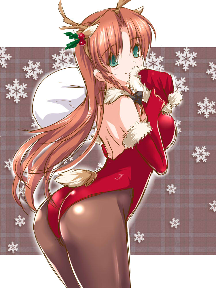 1girl alternate_costume antlers ass blue_eyes blush braid breasts elbow_gloves gloves green_eyes hat hong_meiling long_hair moneti_(daifuku) pantyhose red_gloves redhead reindeer_ears reindeer_tail sack santa_hat smile solo touhou twin_braids