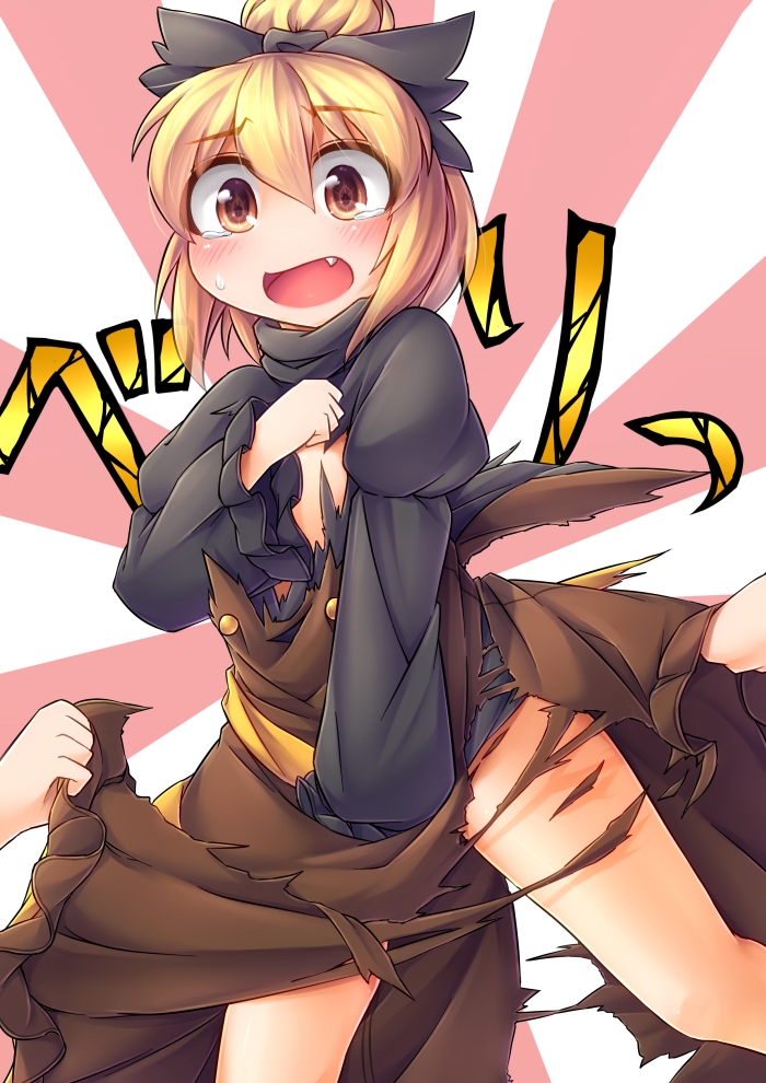 1girl blonde_hair blush bow dress fang fun_bo hair_bow kurodani_yamame long_sleeves looking_at_viewer open_mouth short_hair solo_focus symbol-shaped_pupils tears torn_clothes touhou yellow_eyes