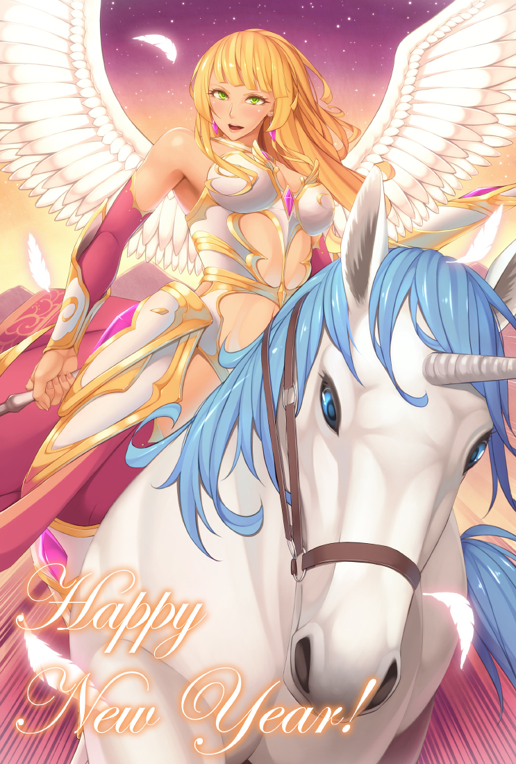 1girl bare_shoulders blonde_hair breasts center_opening cleavage detached_sleeves feathers green_eyes happy_near_year horse_riding kedama_keito long_hair looking_at_viewer open_mouth original smile solo unicorn wings