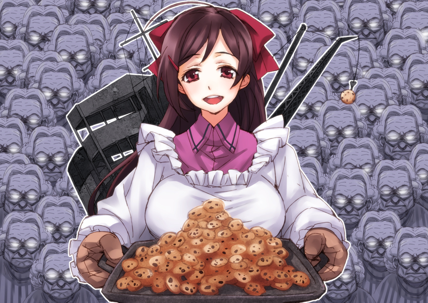 ahoge brown_hair cookie cookie_clicker food grandma_(cookie_clicker) hair_ornament hair_ribbon kantai_collection kappougi long_hair mamiya_(kantai_collection) matsuryuu multiple_girls old_woman personification ribbon